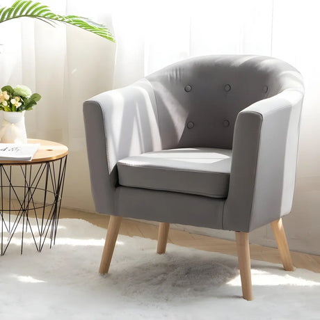 Light Gray Cotton Linen Track Arm Wood Leg Barrel Chair Image - 1