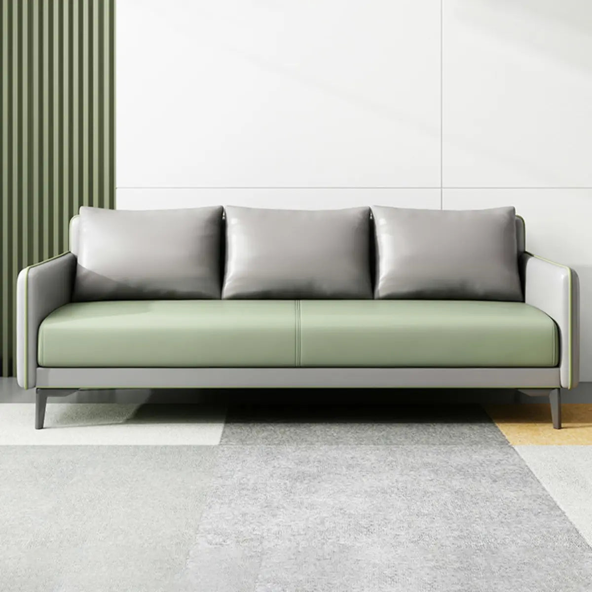 Light Gray-Green Faux Leather Sewn Pillow Back Sofa Image - 11