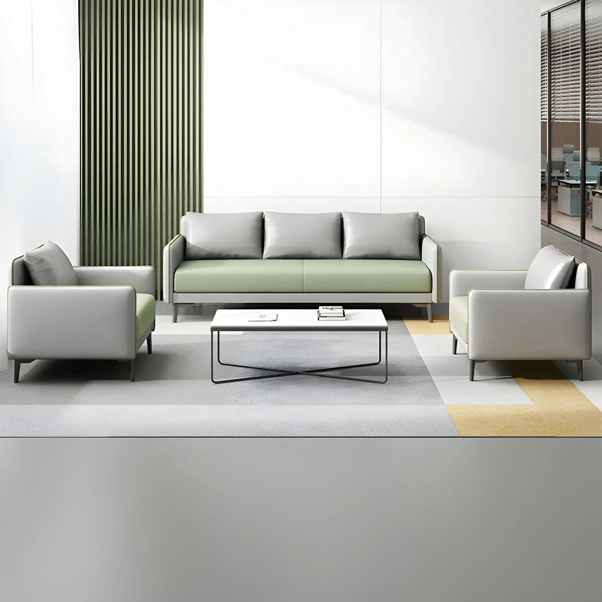 Light Gray-Green Faux Leather Sewn Pillow Back Sofa Image - 4