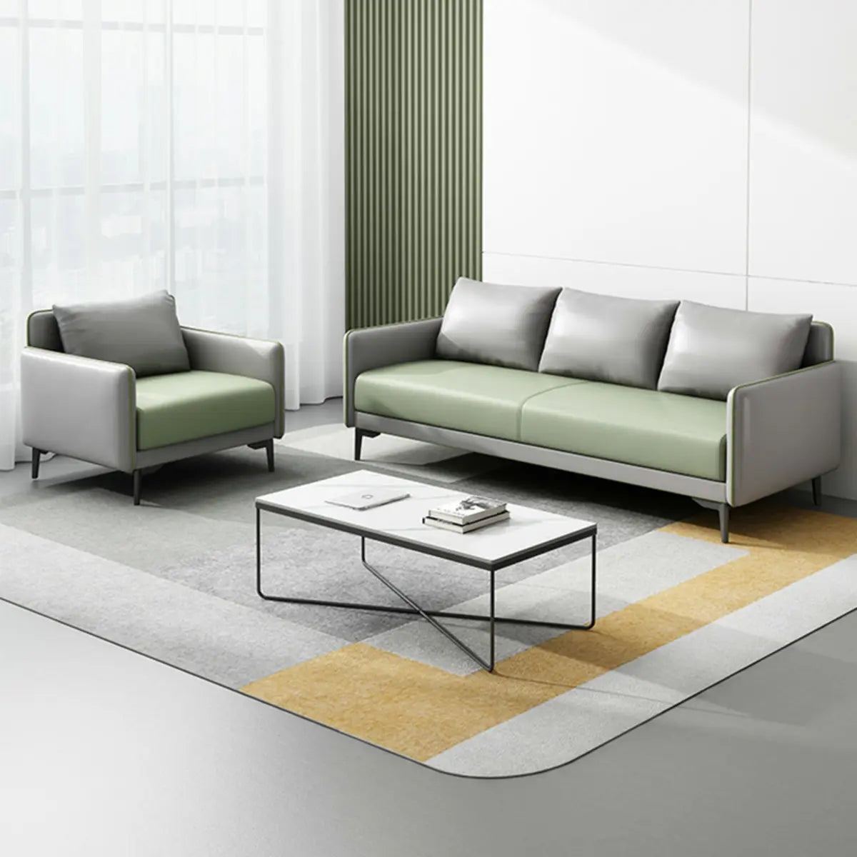 Light Gray-Green Faux Leather Sewn Pillow Back Sofa Image - 8