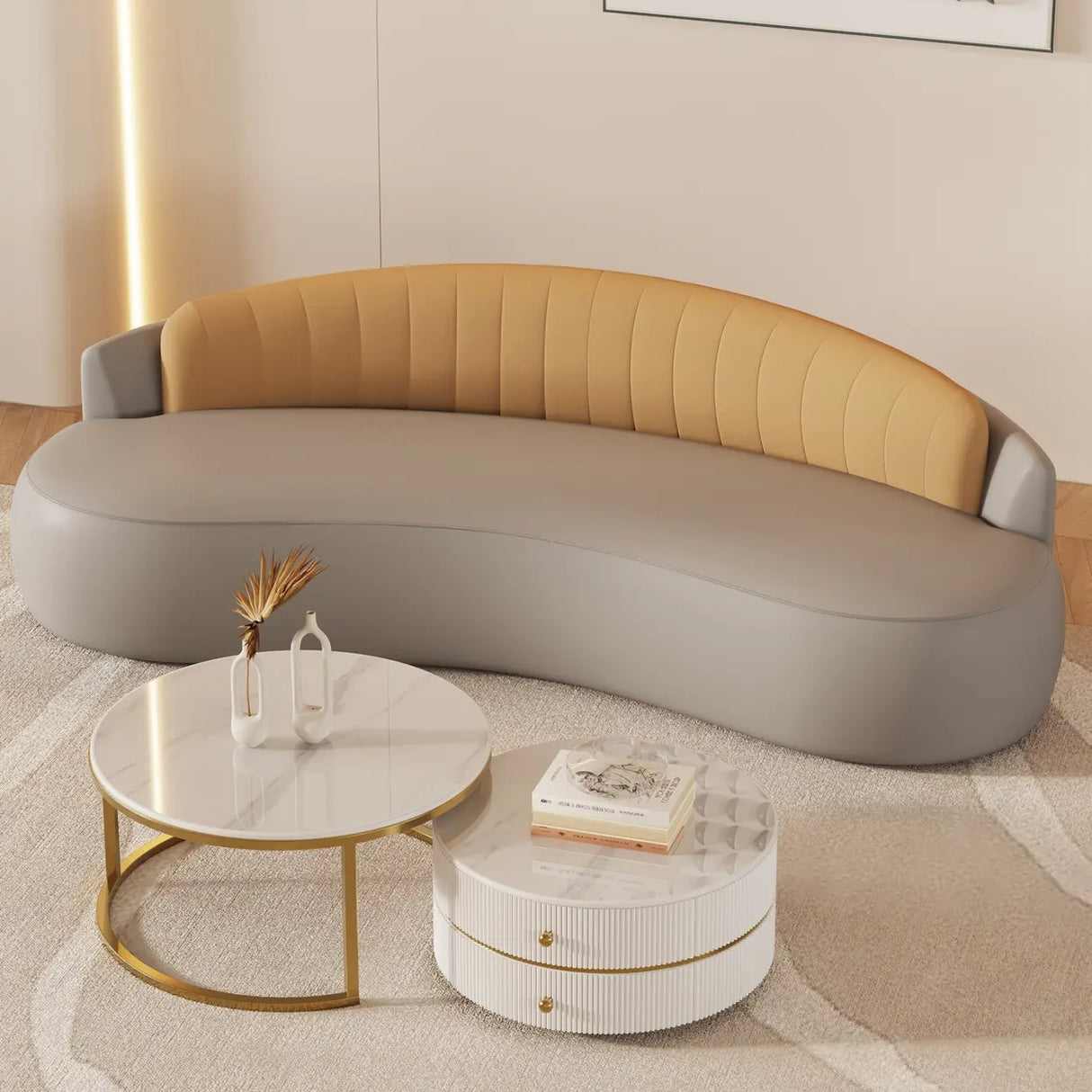 Light Gray-Khaki Water Resistant Leather Curved Sofa Image - 1