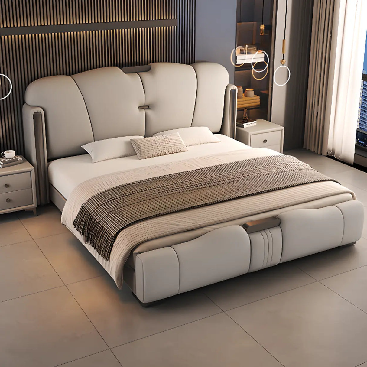 Light Gray King Modern Upholstered Wingback Storage Bed Image - 3