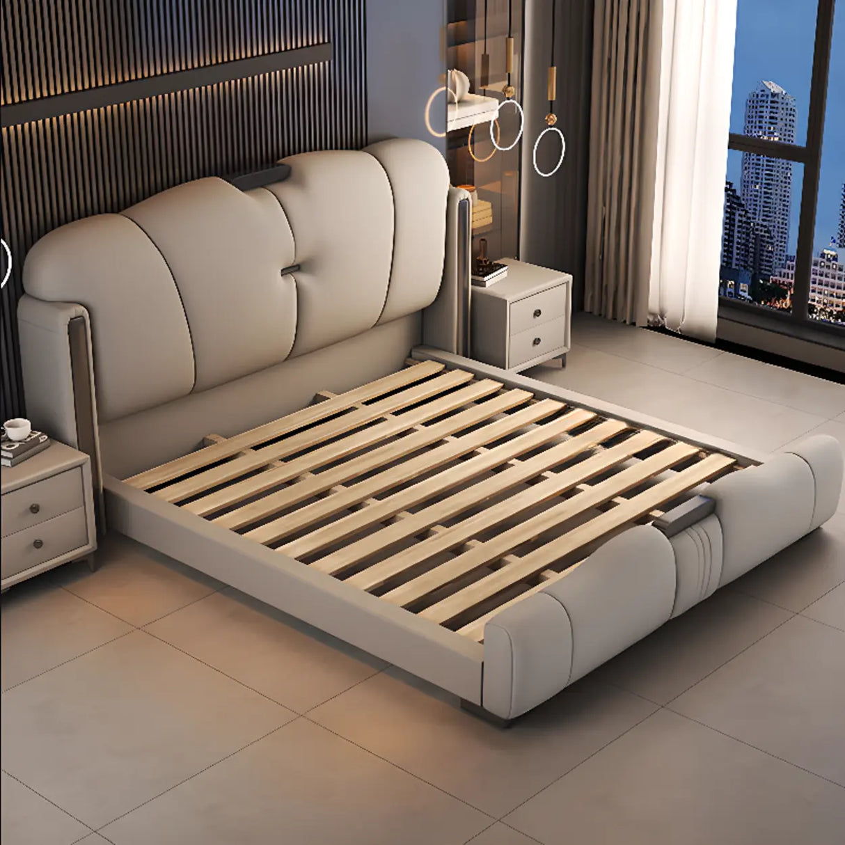 Light Gray King Modern Upholstered Wingback Storage Bed Image - 5