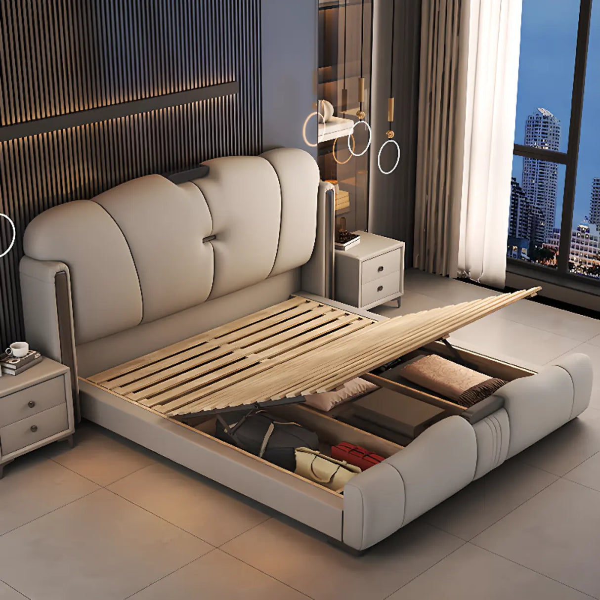 Light Gray King Modern Upholstered Wingback Storage Bed Image - 6