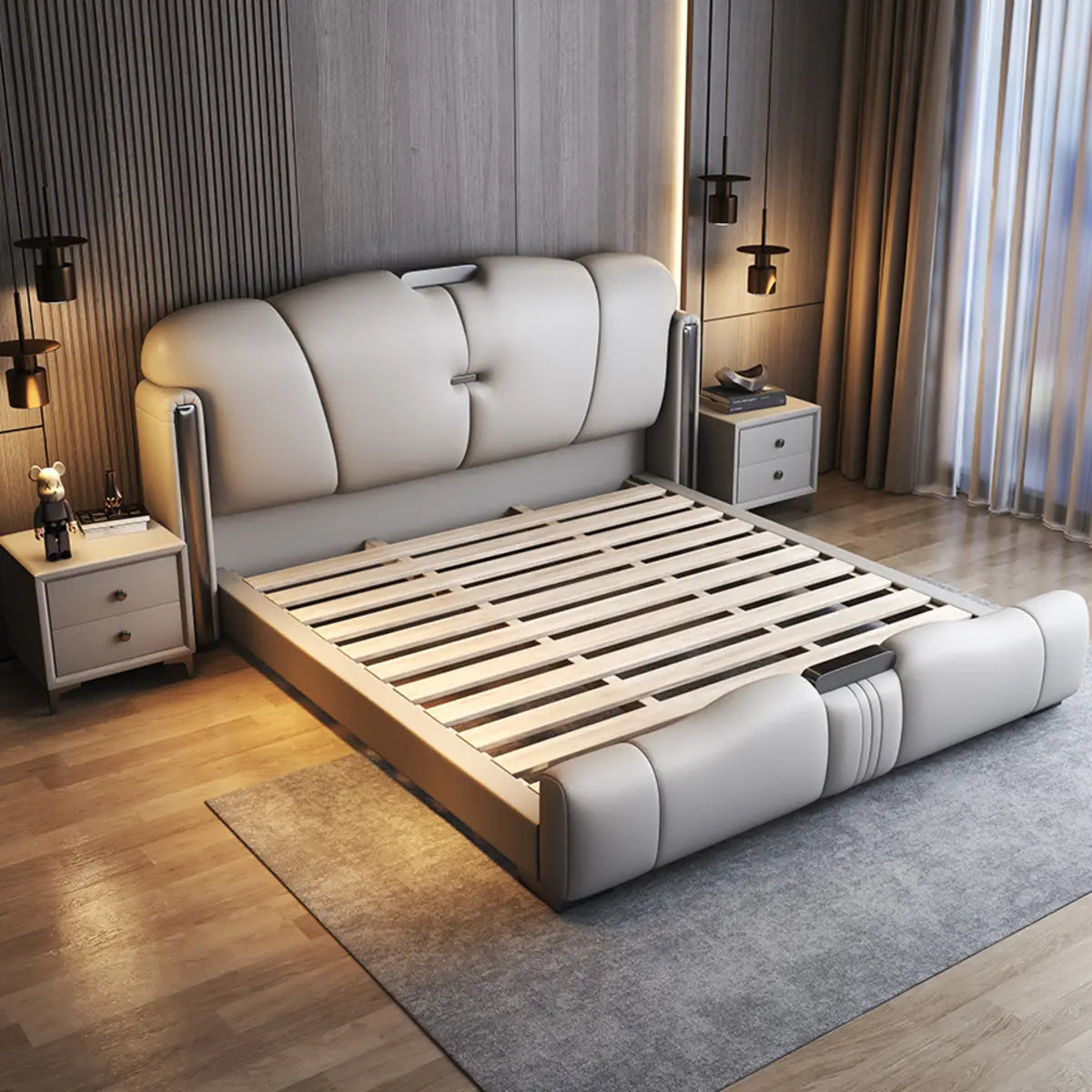 Light Gray King Plush Leather Upholstered Wingback Bed Image - 3