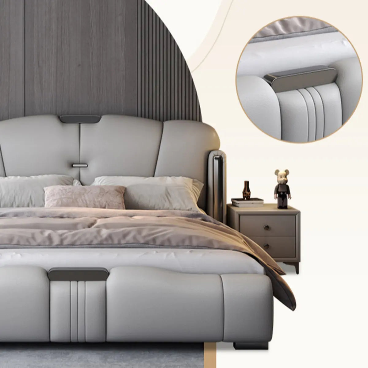Light Gray King Plush Leather Upholstered Wingback Bed Image - 4