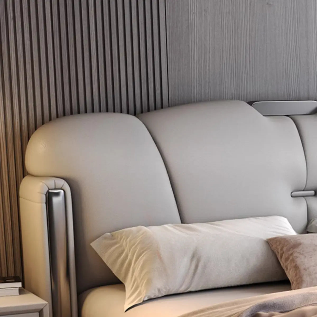 Light Gray King Plush Leather Upholstered Wingback Bed Image - 6