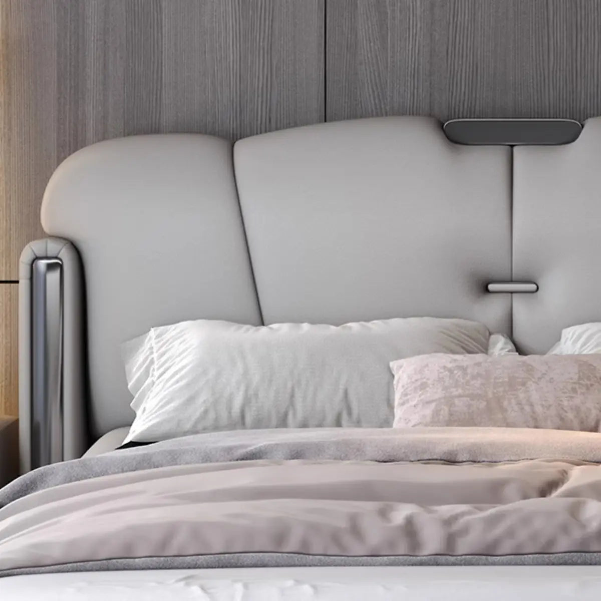 Light Gray King Plush Leather Upholstered Wingback Bed Image - 7