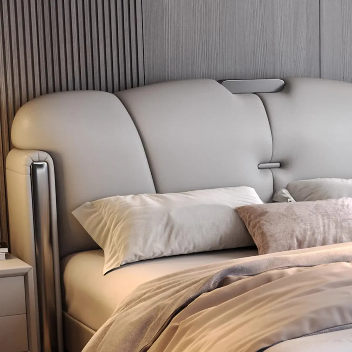 Light Gray King Plush Leather Upholstered Wingback Bed Image - 9