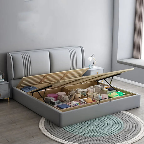 Light Gray King Rectangular Fabric Storage Wingback Bed Image - 2