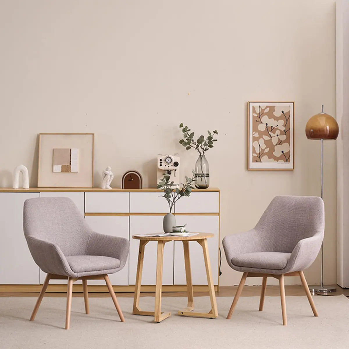 Light Gray Linen Fixed Back Natural Four Legs Arm Chair Image - 11