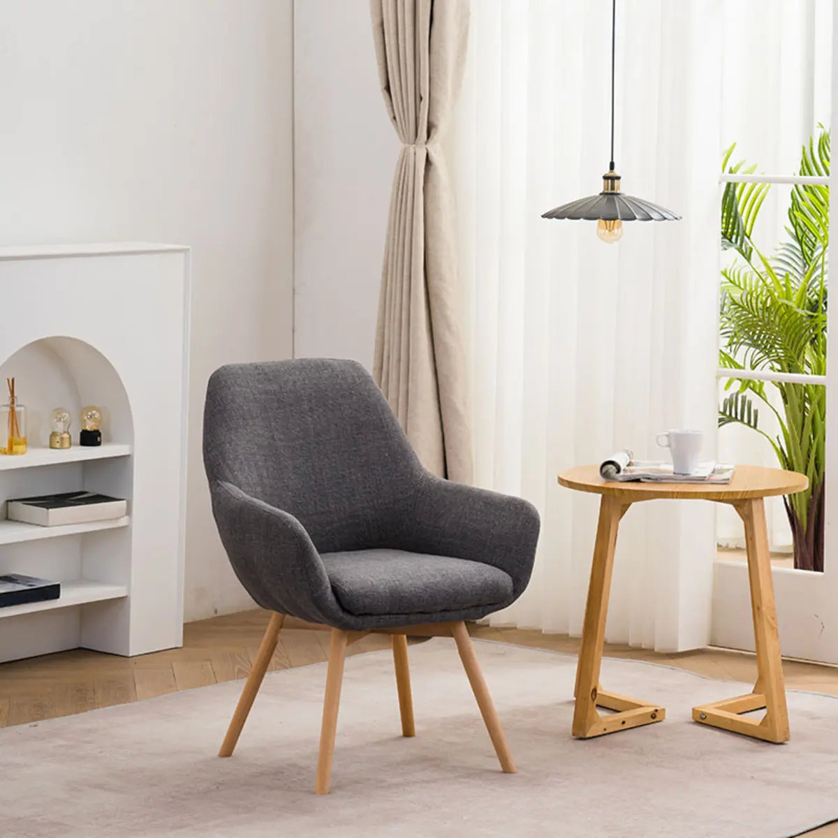 Light Gray Linen Fixed Back Natural Four Legs Arm Chair Image - 2