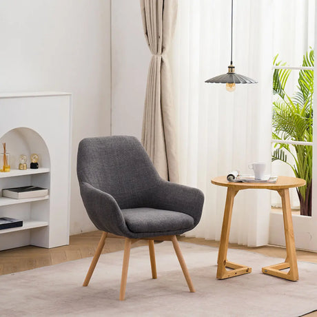 Light Gray Linen Fixed Back Natural Four Legs Arm Chair Image - 2
