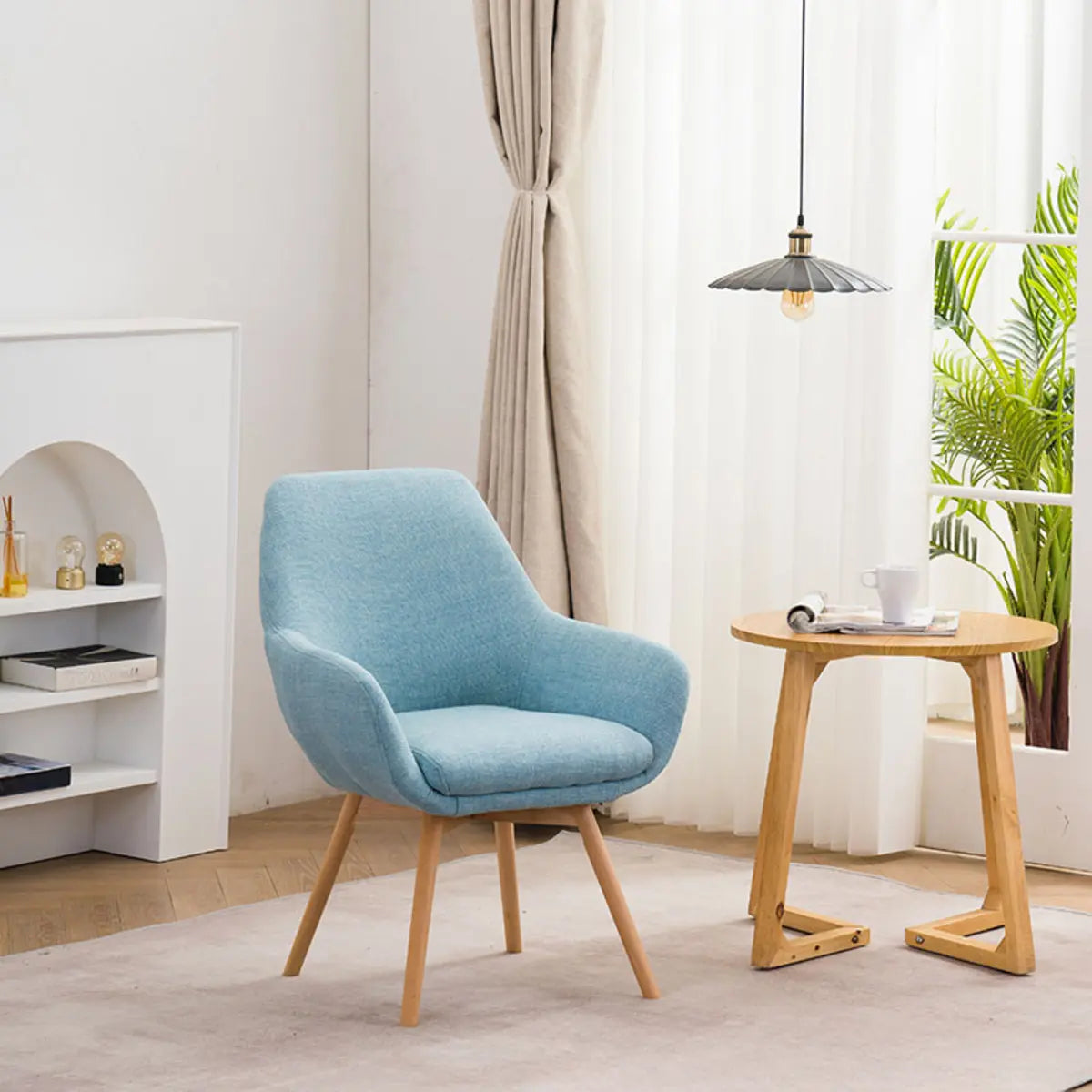Light Gray Linen Fixed Back Natural Four Legs Arm Chair Image - 3