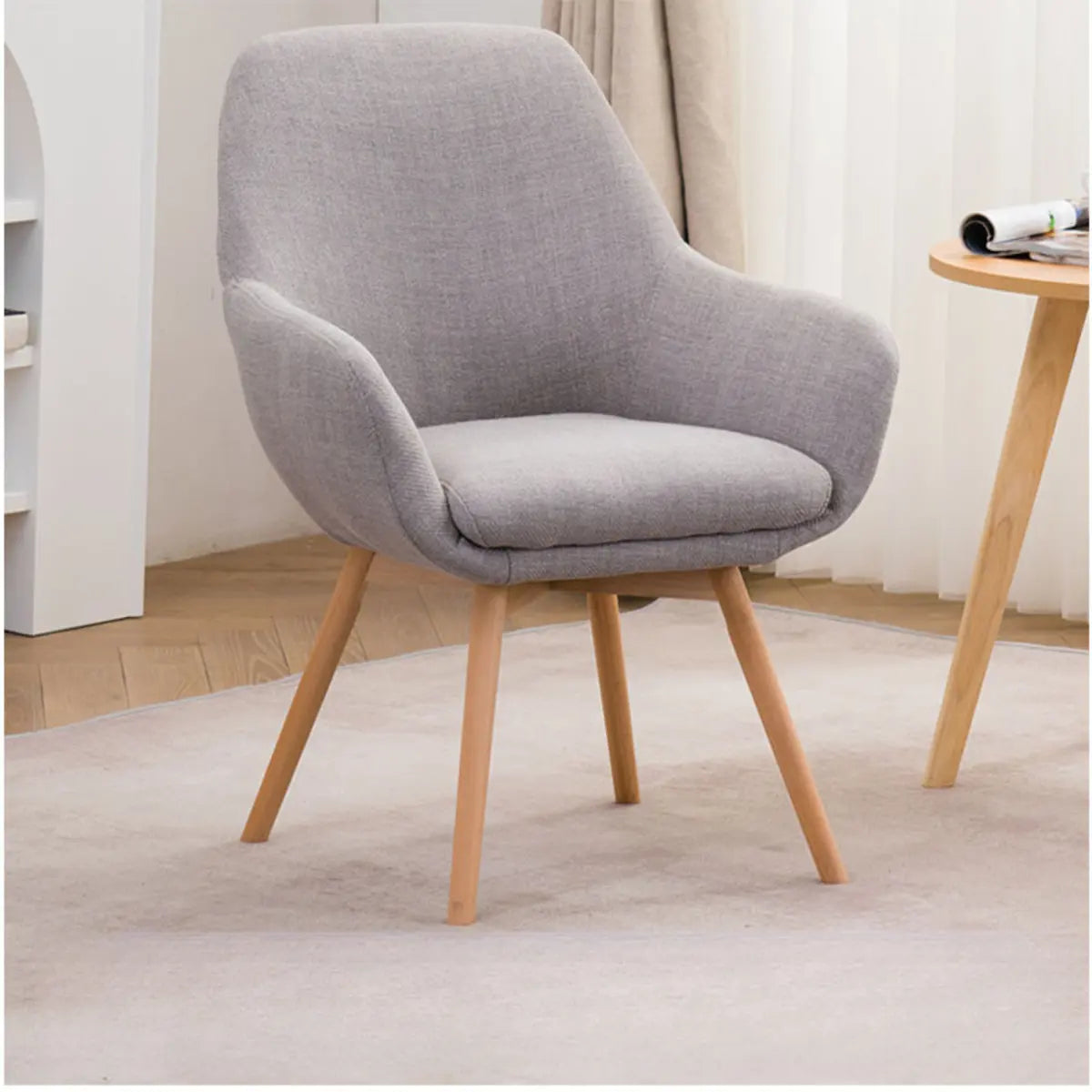 Light Gray Linen Fixed Back Natural Four Legs Arm Chair Image - 4