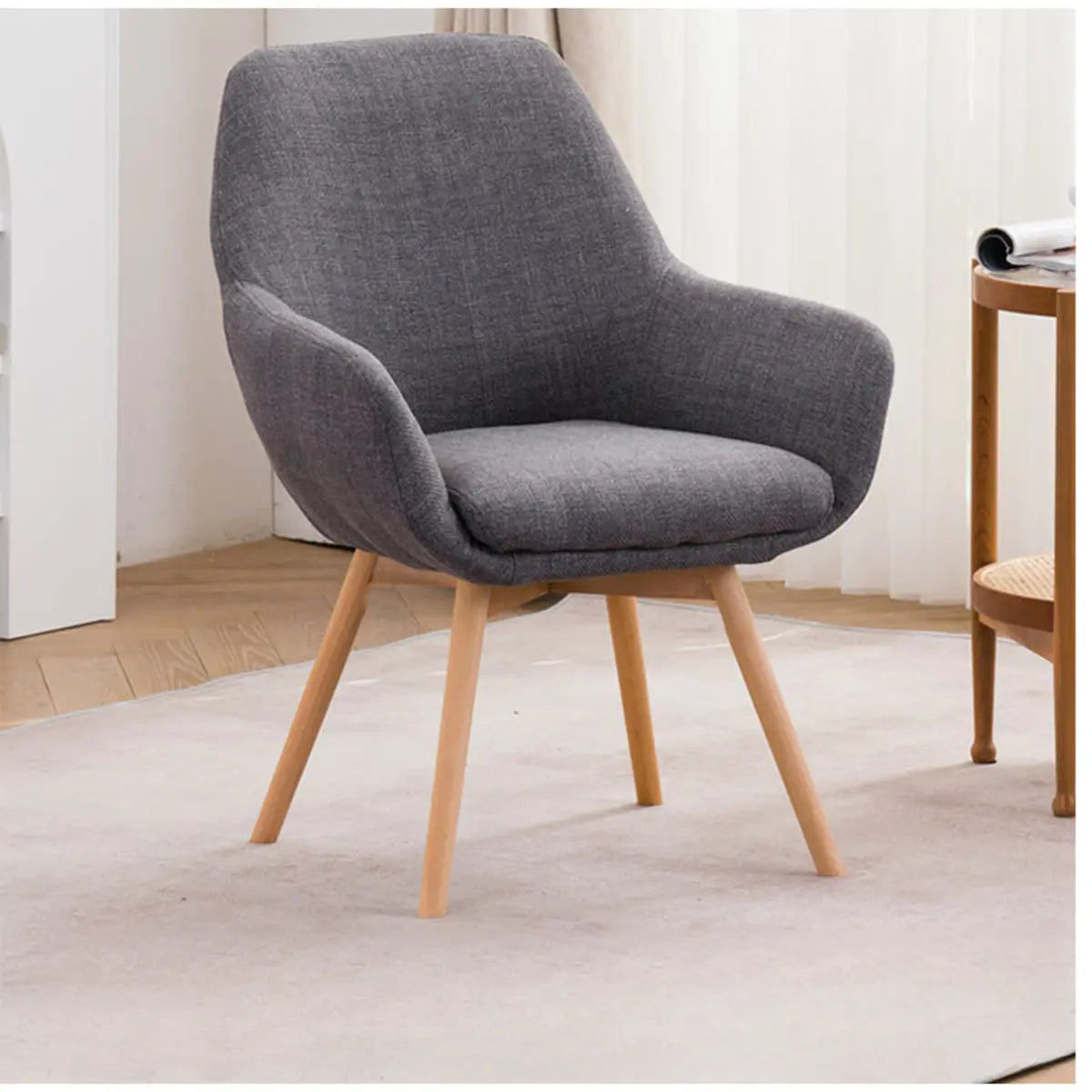 Light Gray Linen Fixed Back Natural Four Legs Arm Chair Image - 9
