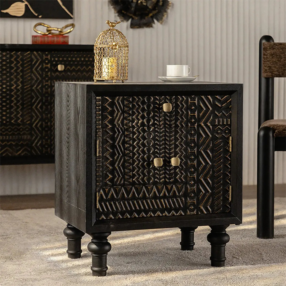 Light Luxury Carved Black Wood Plate Nightstand with Drawers Image - 1
