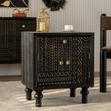 Light Luxury Carved Black Wood Plate Nightstand with Drawers Image - 1