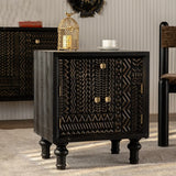 Light Luxury Carved Black Wood Plate Nightstand with Drawers Image - 2