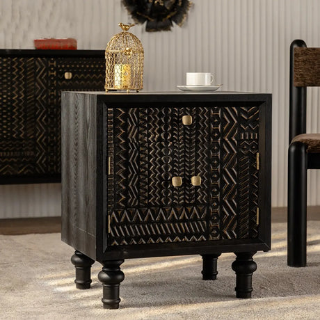 Light Luxury Carved Black Wood Plate Nightstand with Drawers Image - 2