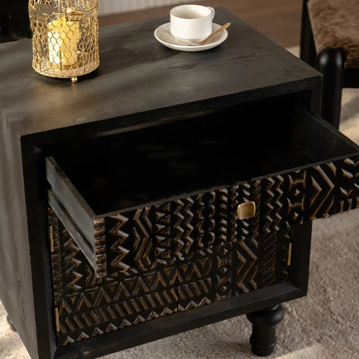 Light Luxury Carved Black Wood Plate Nightstand with Drawers Image - 3