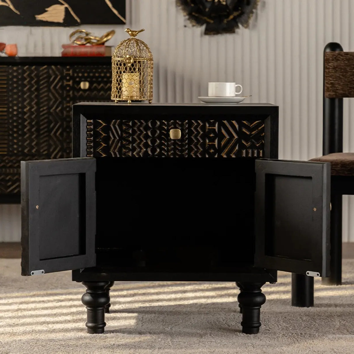 Light Luxury Carved Black Wood Plate Nightstand with Drawers Image - 4