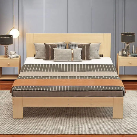Light Walnut Queen Panel Wood Bed Frame with Headboard Image - 1