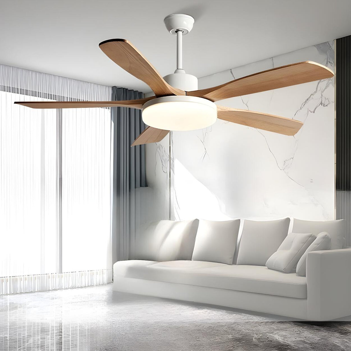 Living Room 5 Blade Wood Ceiling Fan with LED Light Image - 16