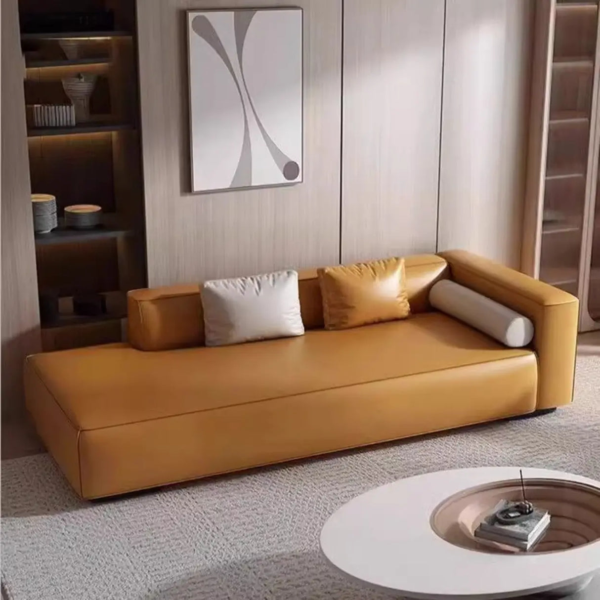 Living Room Beige Leather Right-Arm Chaise with Pillow Image - 3
