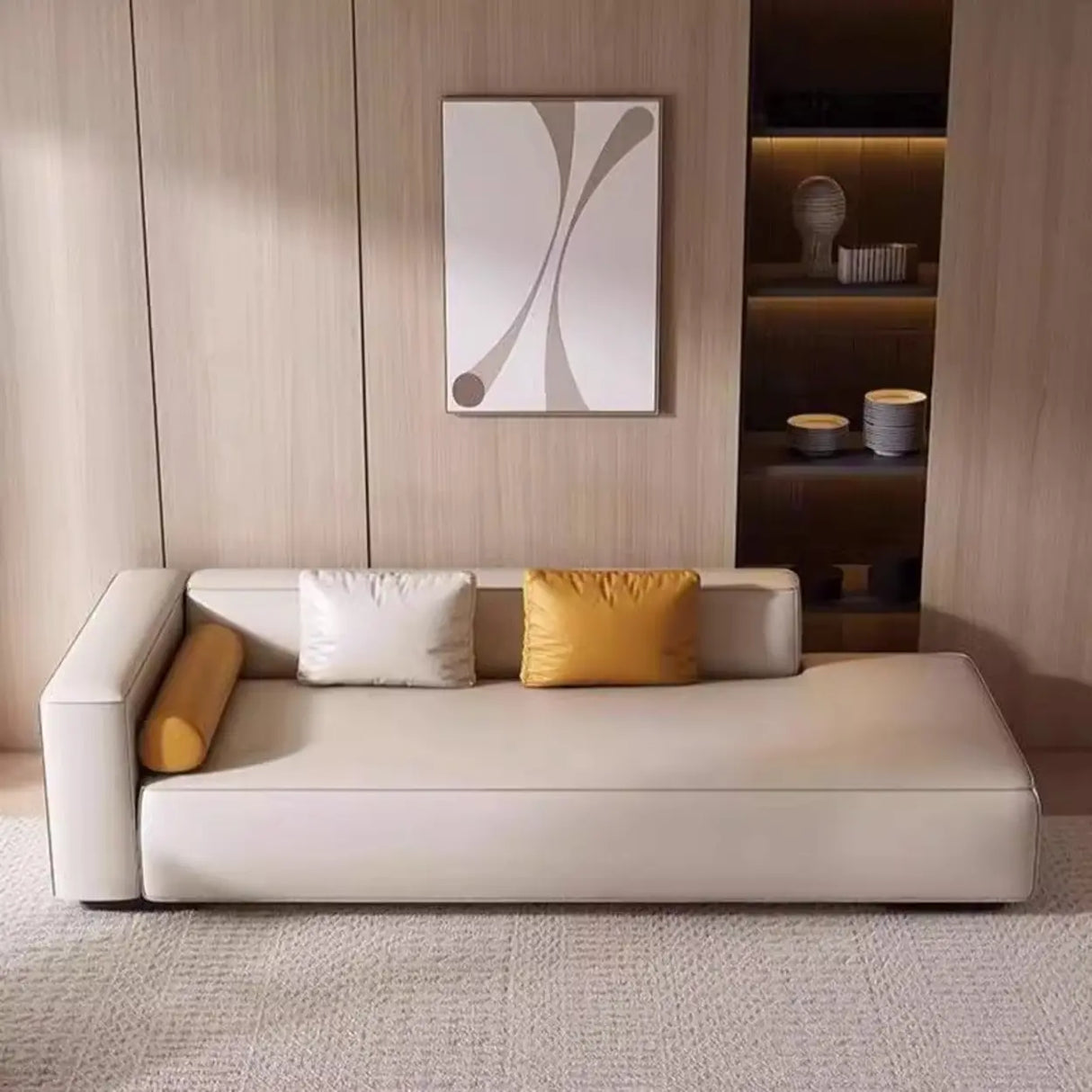 Living Room Beige Leather Right-Arm Chaise with Pillow Image - 5