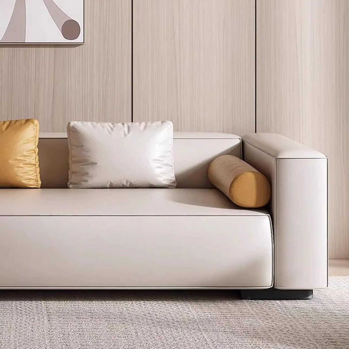 Living Room Beige Leather Right-Arm Chaise with Pillow Image - 6