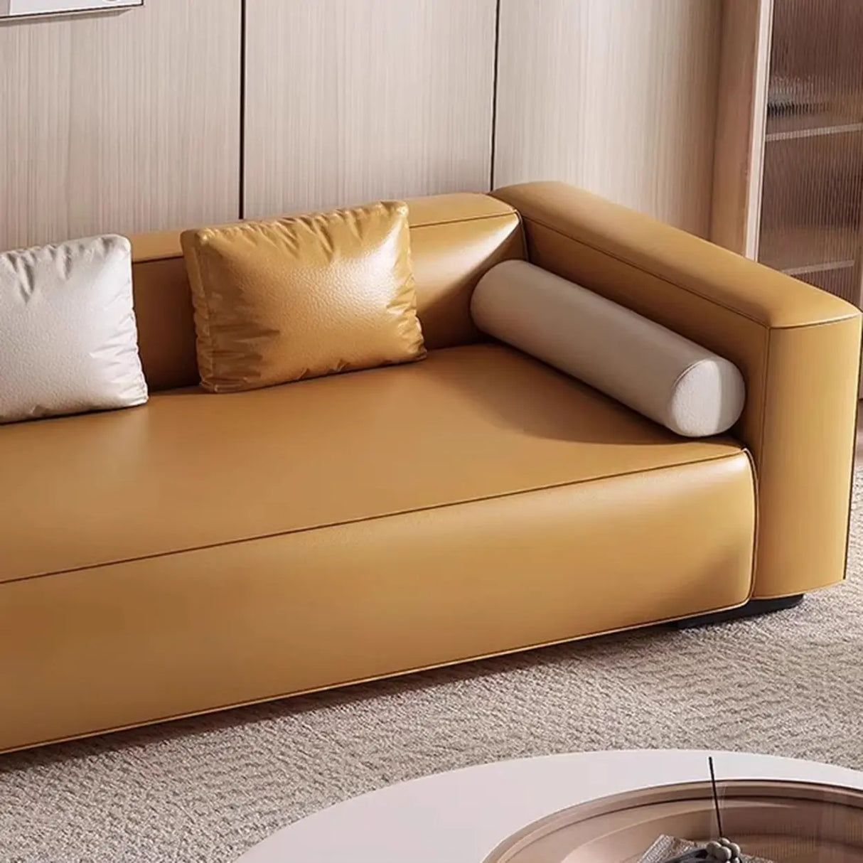 Living Room Beige Leather Right-Arm Chaise with Pillow Image - 7