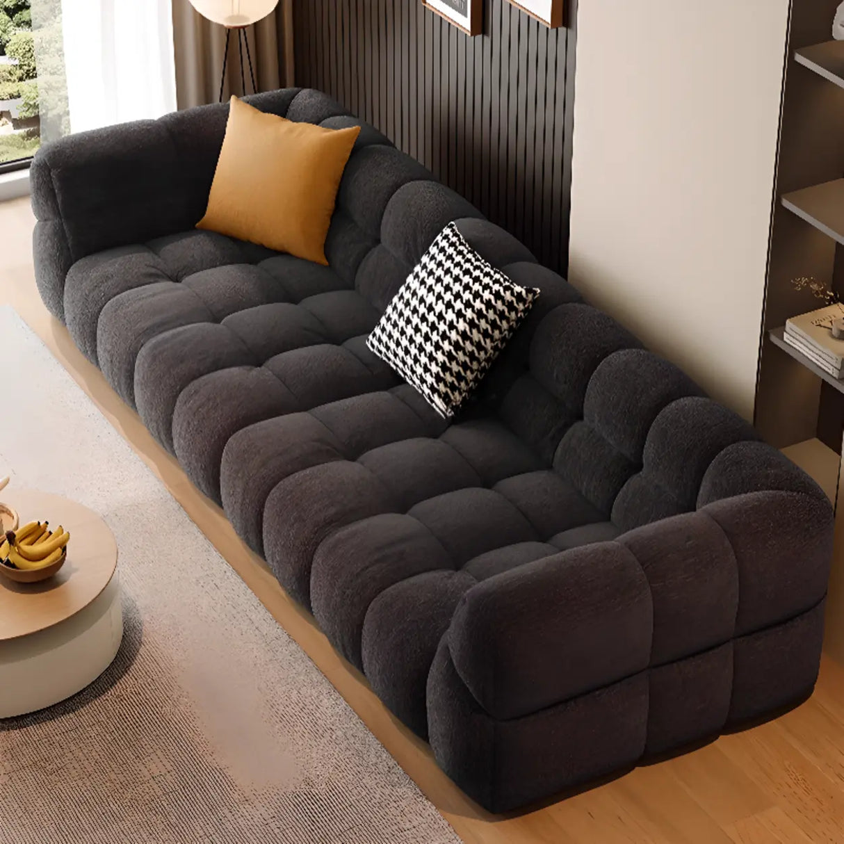 Living Room Black Chenille Biscuit Back Tuxedo Arm Sofa Image - 6