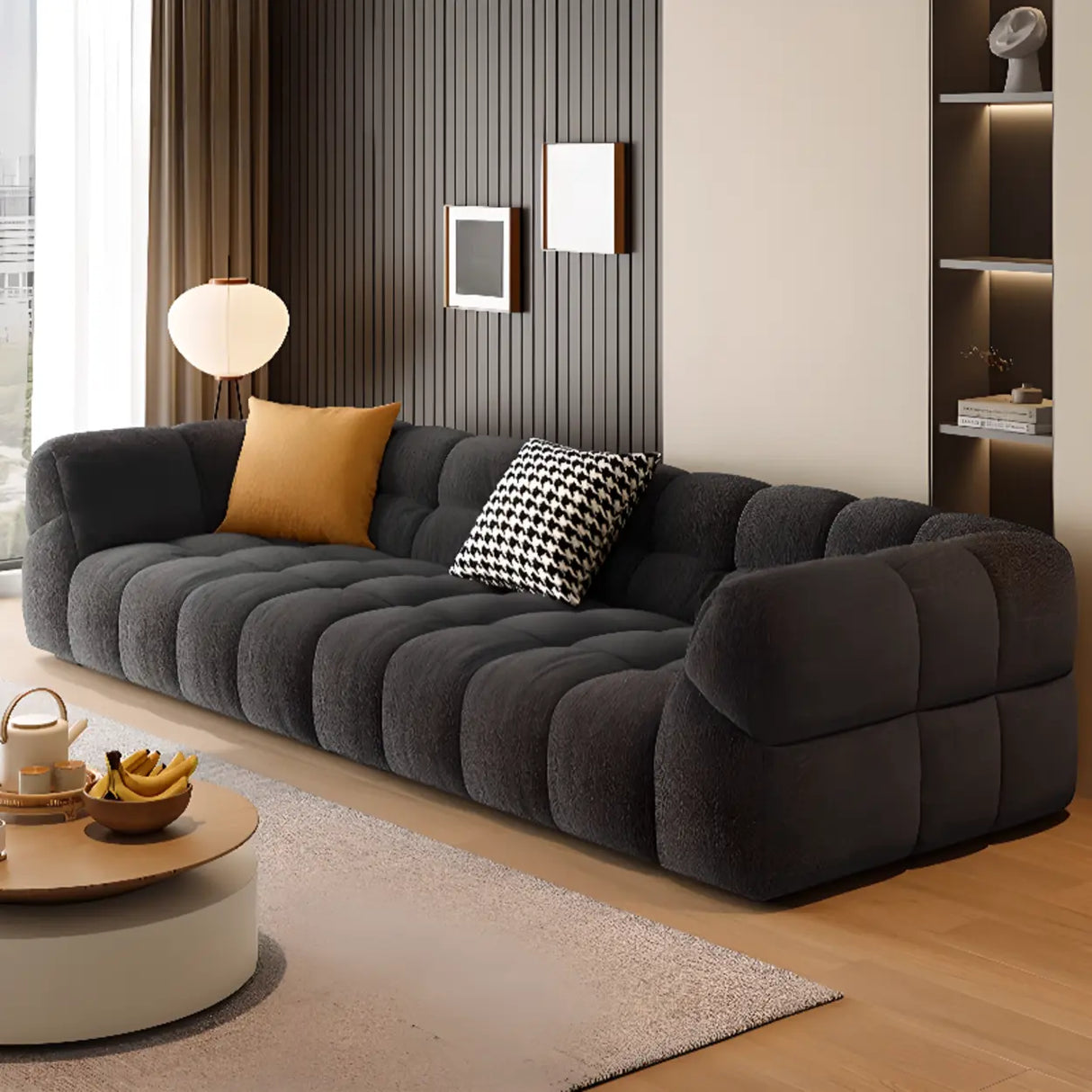 Living Room Black Chenille Biscuit Back Tuxedo Arm Sofa Image - 7