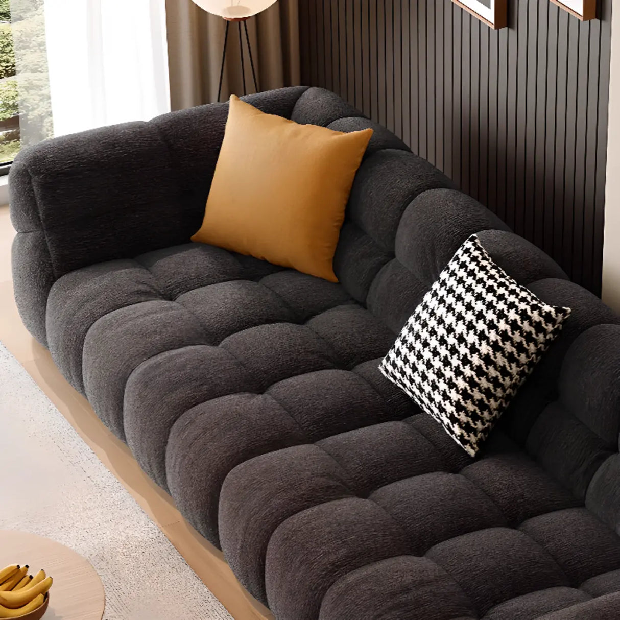 Living Room Black Chenille Biscuit Back Tuxedo Arm Sofa Image - 9