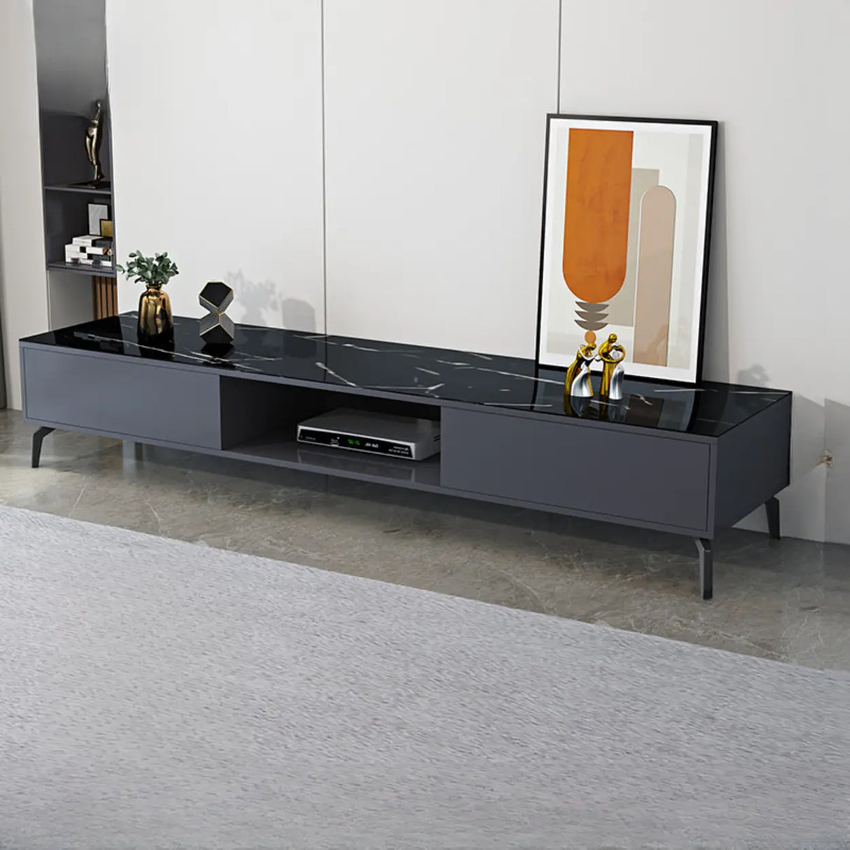 Living Room Black Glass Open Storage Cabinet TV Stand Image - 4