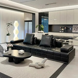 Living Room Black Leather Wood Frame Sofa with Arms Image - 1
