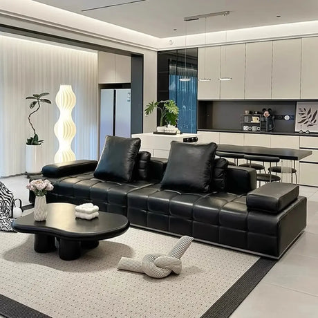 Living Room Black Leather Wood Frame Sofa with Arms Image - 1