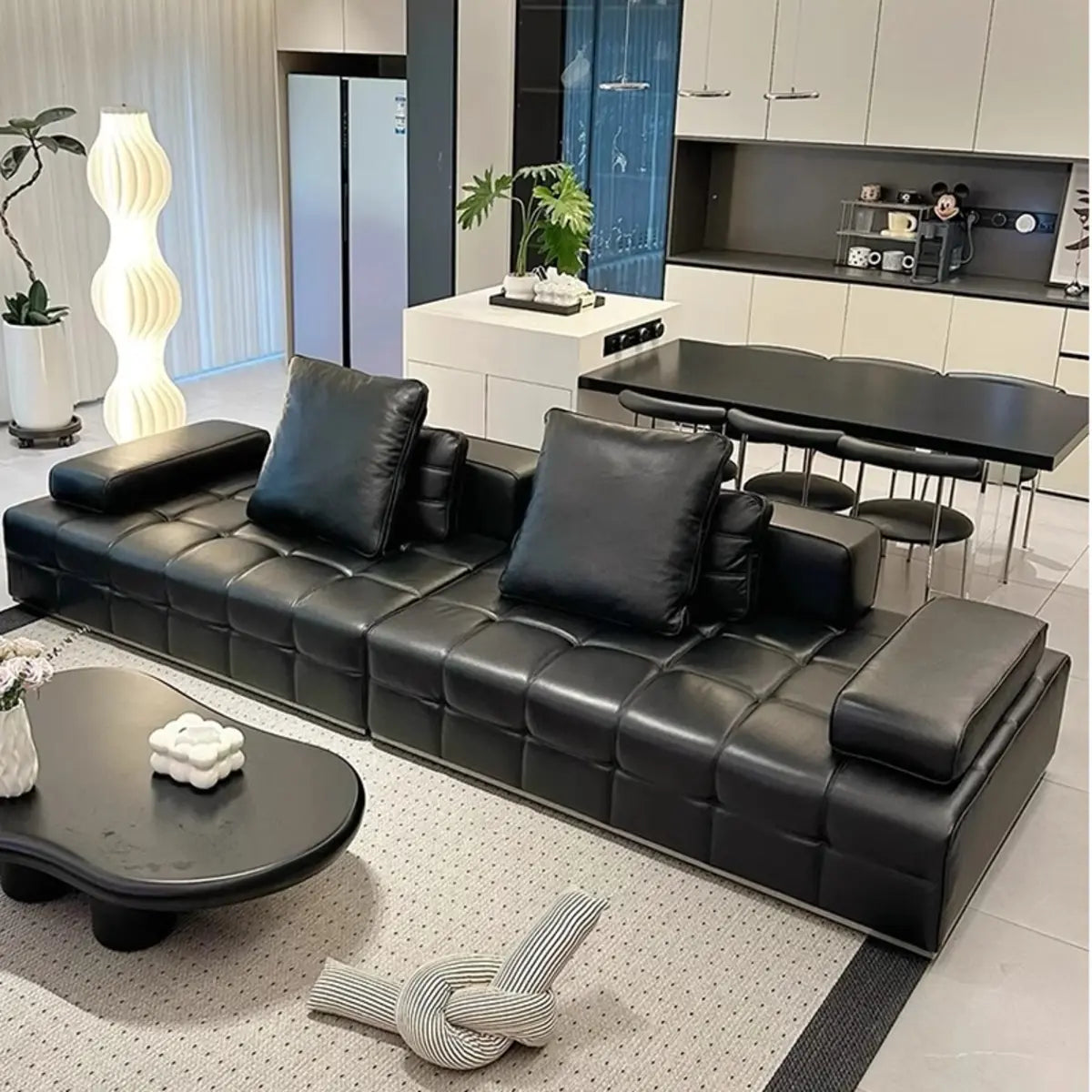 Living Room Black Leather Wood Frame Sofa with Arms Image - 2