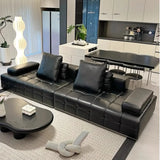Living Room Black Leather Wood Frame Sofa with Arms Image - 2