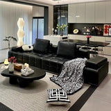 Living Room Black Leather Wood Frame Sofa with Arms Image - 3