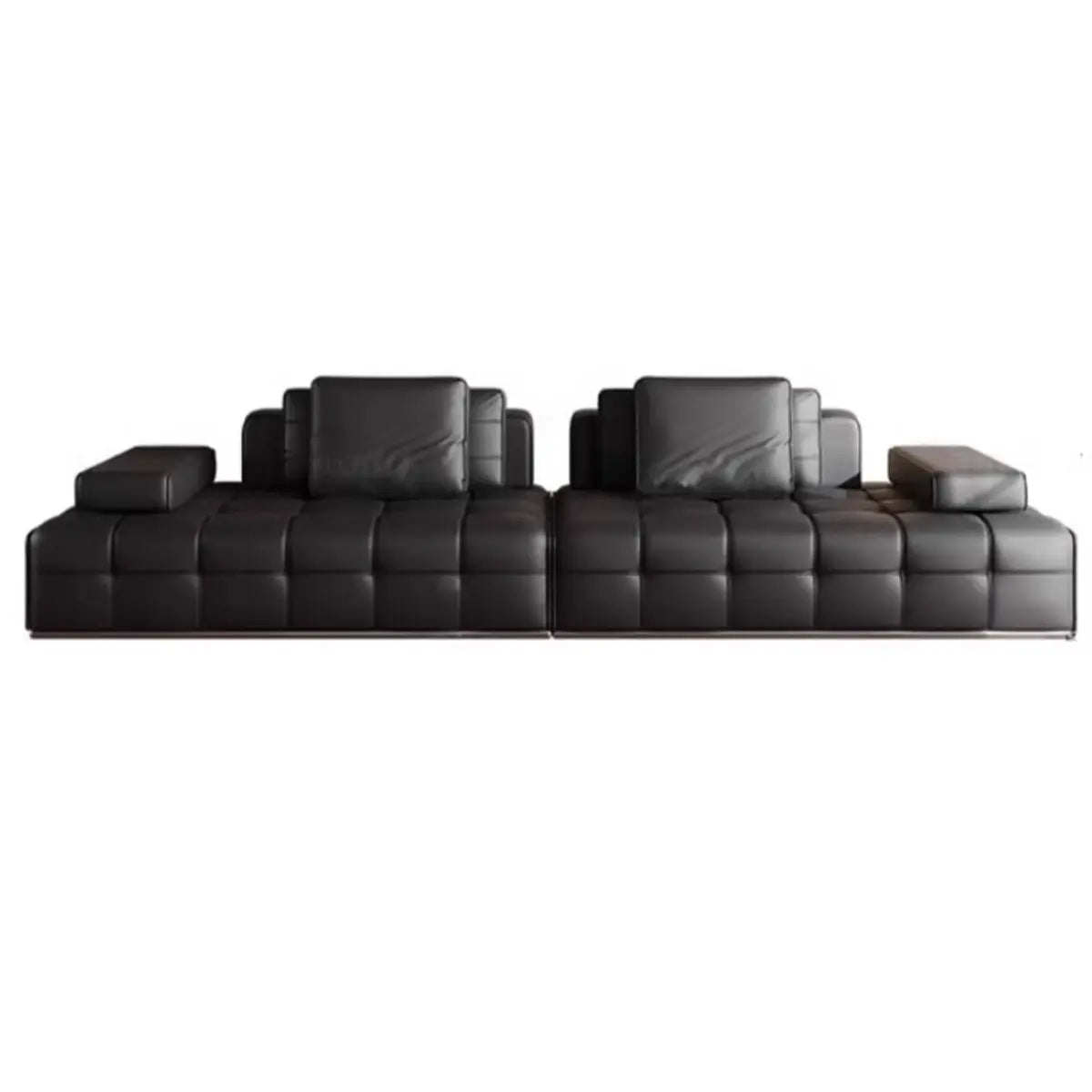 Living Room Black Leather Wood Frame Sofa with Arms Image - 9
