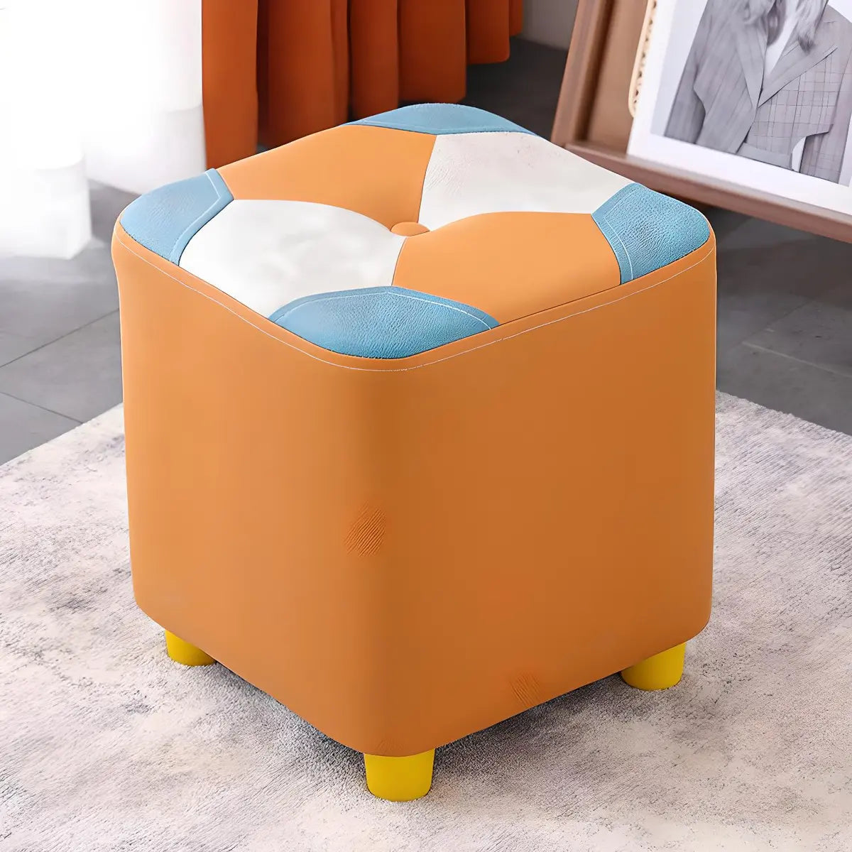 Living Room Blue-Orange Cube Upholstered Small Ottoman Image - 3
