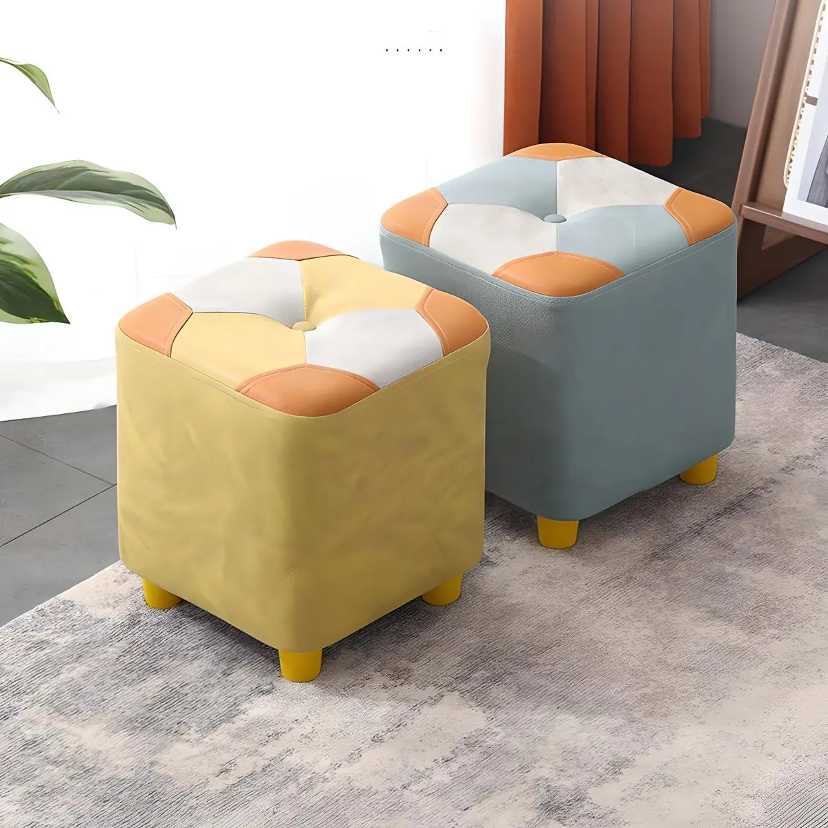 Living Room Blue-Orange Cube Upholstered Small Ottoman Image - 4