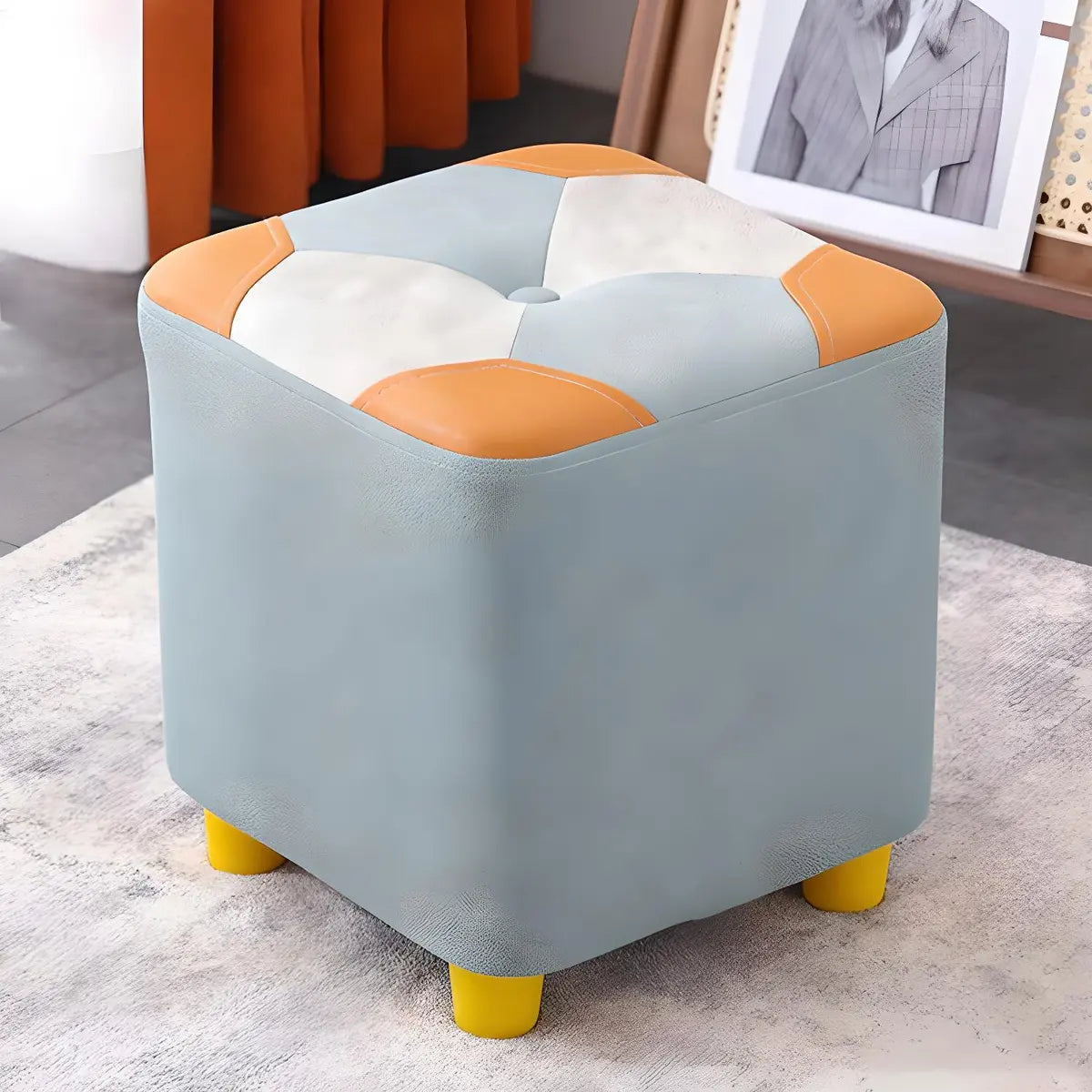 Living Room Blue-Orange Cube Upholstered Small Ottoman Image - 5