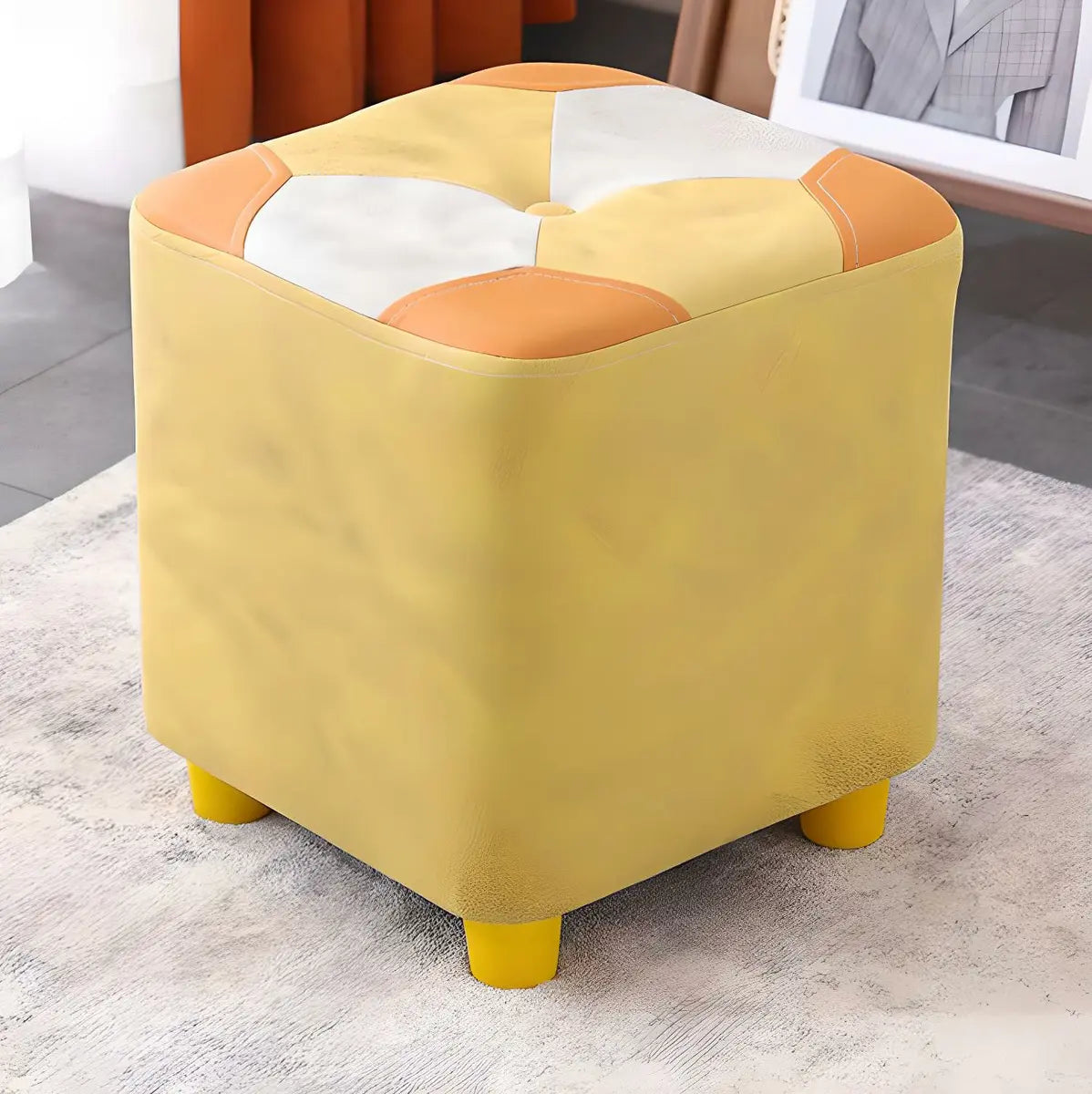 Living Room Blue-Orange Cube Upholstered Small Ottoman Image - 7