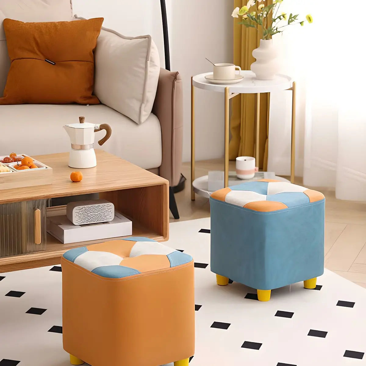 Living Room Blue-Orange Cube Upholstered Small Ottoman Image - 8