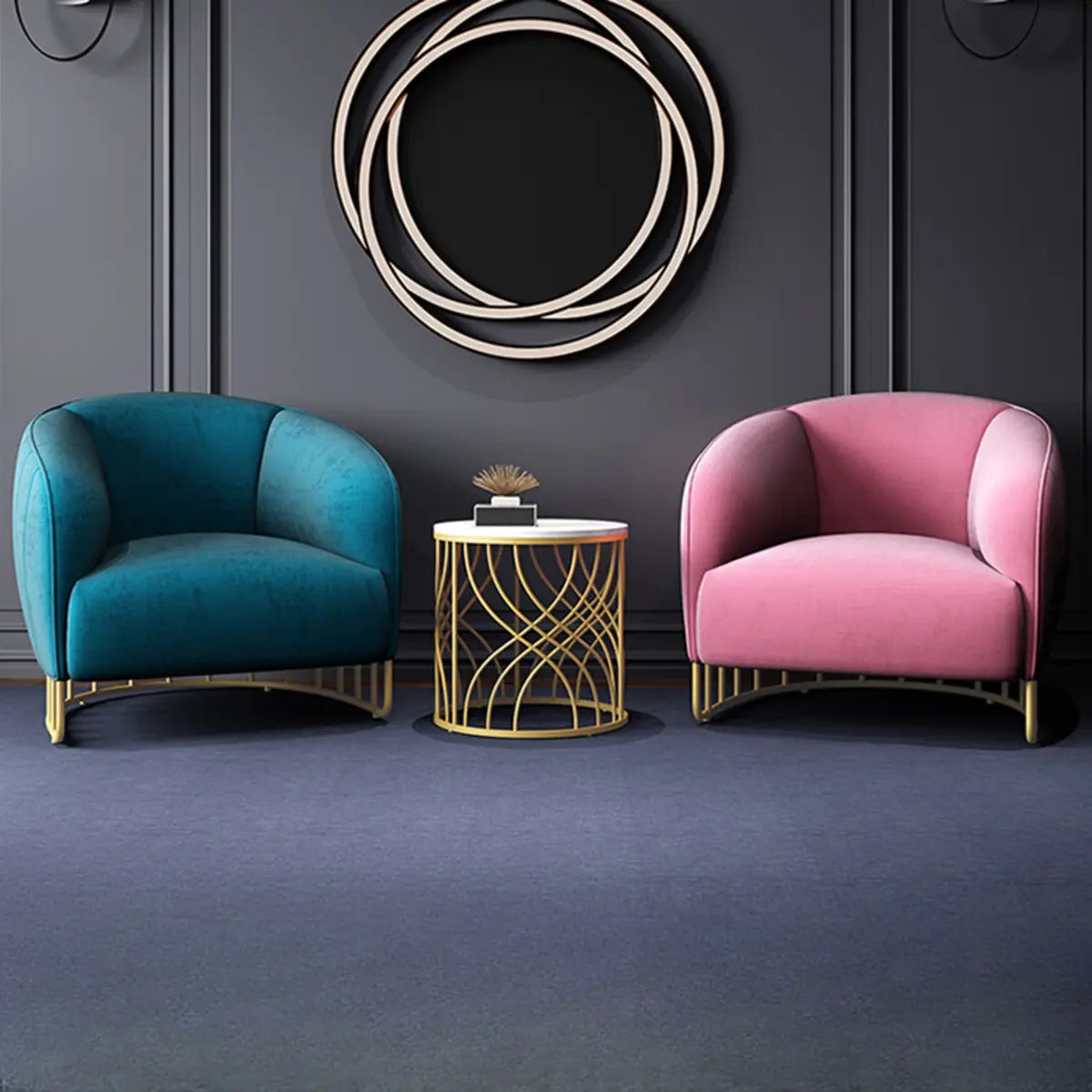 Living Room Blue Pink Flannel Curved Back Accent Chair Image - 1