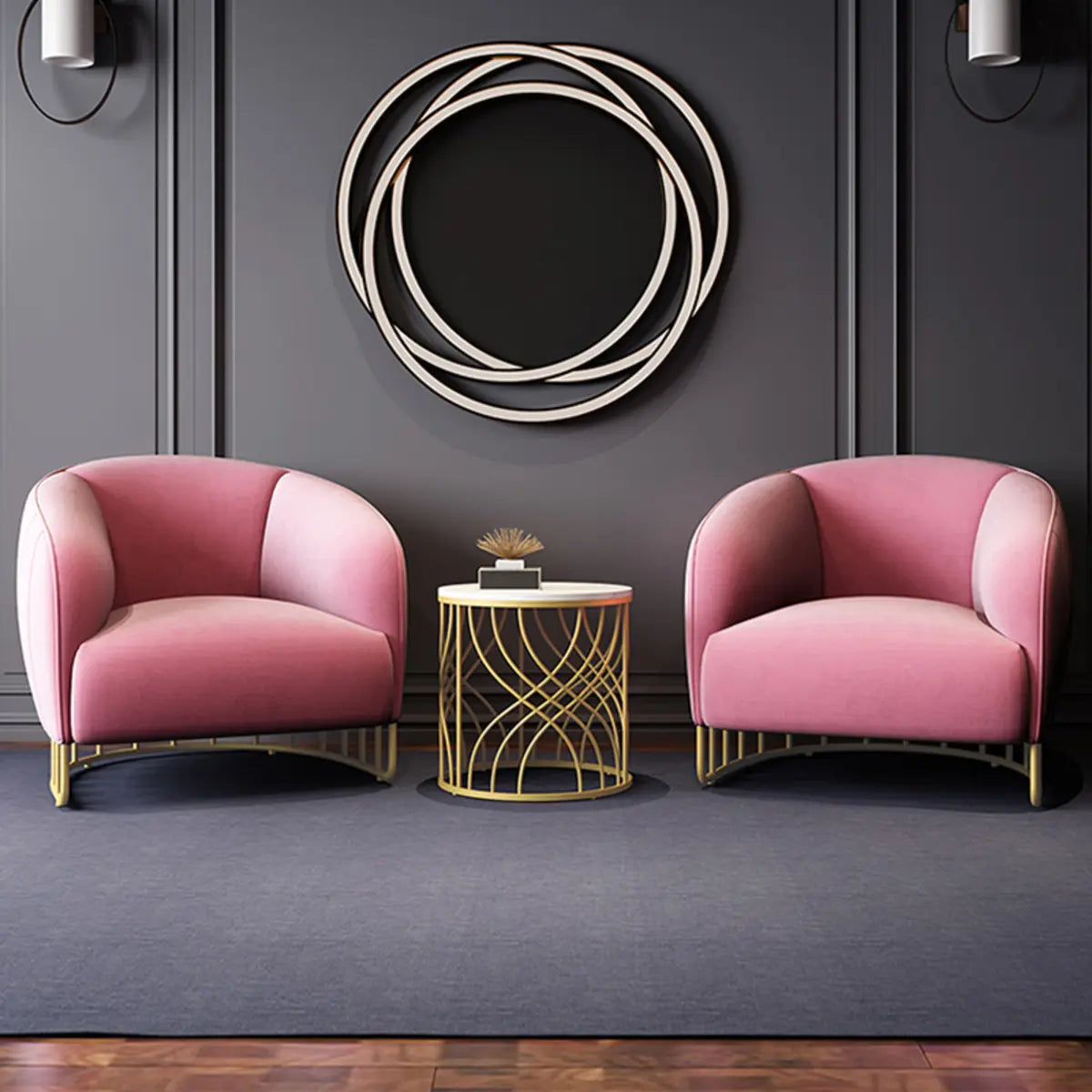 Living Room Blue Pink Flannel Curved Back Accent Chair Image - 4