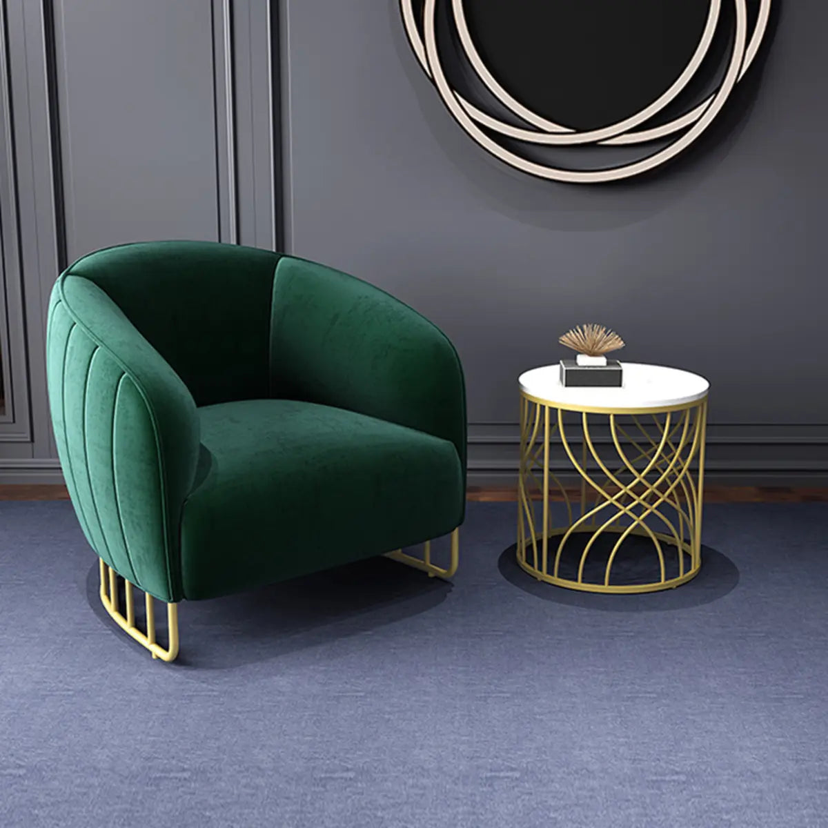 Living Room Blue Pink Flannel Curved Back Accent Chair Image - 9